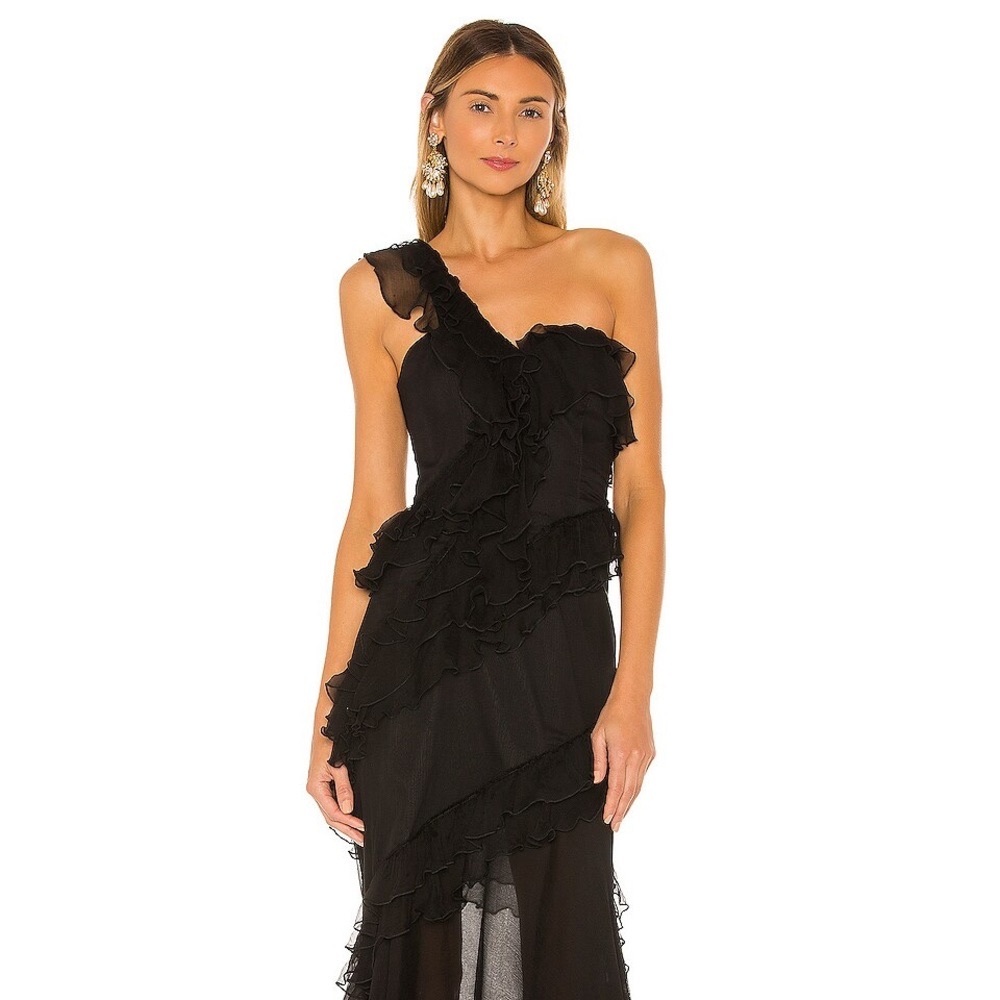 Amur Harlow Black One Shoulder Ruffle Silk Maxi Dress Gown size 6